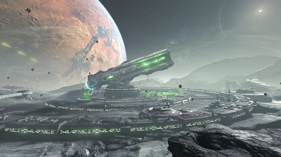 Een futuristisch wapenplatform omgeven door een cirkelvormige structuur op een woestijnplaneet, met een rode planeet aan de hemel.
