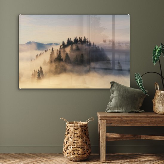 MuchoWow® Peinture sur verre 90x60 cm - Peinture sur verre acrylique - Lever de soleil brumeux dans les montagnes en été - Photo sur verre - Peintures
