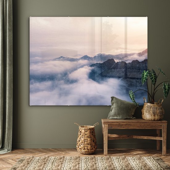 MuchoWow® Peinture sur verre 160x120 cm - Peinture sur verre acrylique - Le brouillard passe sur une chaîne de montagnes - Photo sur verre - Peintures