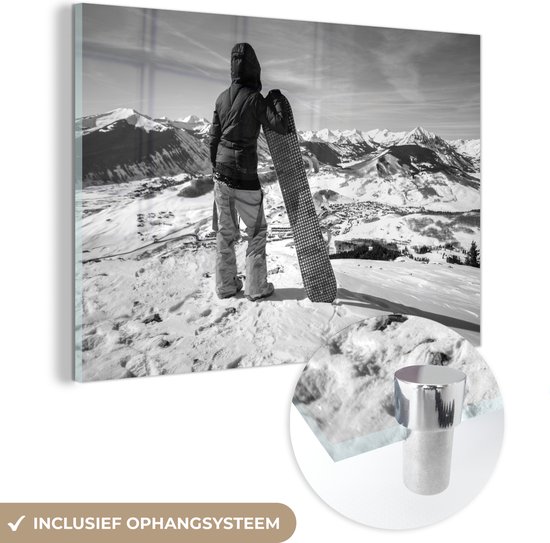 MuchoWow® Peinture sur Verre - Une fille avec un snowboard regarde des montagnes enneigées - noir et blanc - 120x80 cm - Peintures sur Verre Acrylique - Photo sur Glas