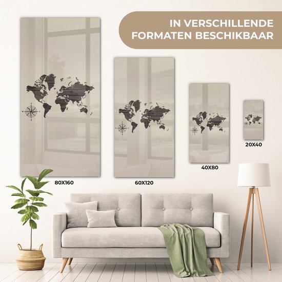 Peinture sur Verre - Carte du Wereldkaart - Bois - Marron - 80x160 cm - Peintures sur Verre Peintures - Photo sur Glas