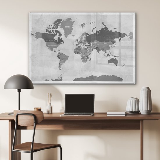 MuchoWow® Glasschilderij 90x60 cm - Schilderij acrylglas - Wereldkaart - Vintage - Paars - Kind - Meiden - Jongens - Foto op glas - Schilderijen