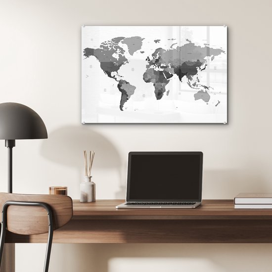 Peinture sur verre - Mappemonde rouge sur fond blanc - noir et blanc - 60x40 cm - Peintures Plexiglas