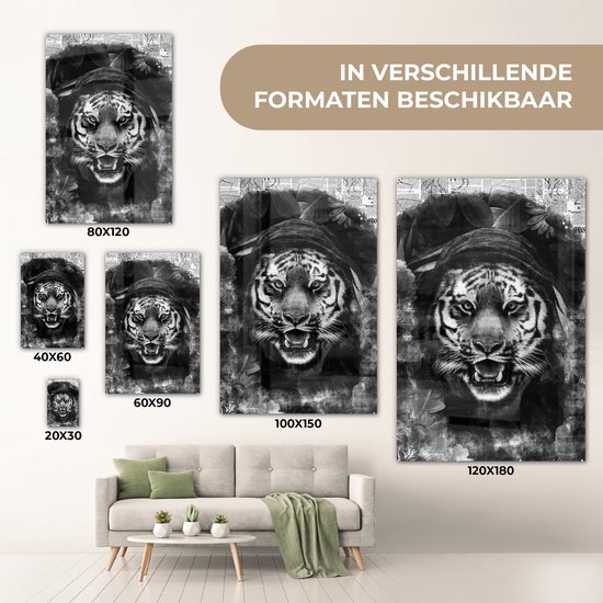 MuchoWow® Glasschilderij 100x150 cm - Schilderij acrylglas - Tijger met een capuchon op een achtergrond van kranten - zwart wit - Foto op glas - Schilderijen