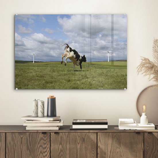 MuchoWow® Peinture sur verre - Vache - Moulin à vent - Nuages ​​- 60x40 cm - Peintures sur verre acrylique - Photo sur Glas