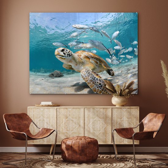 MuchoWow® Glasschilderij 160x120 cm - Schilderij acrylglas - Schildpad - Vis - Zee - Foto op glas - Muurdecoratie woonkamer - Wanddecoratie slaapkamer - Schilderijen
