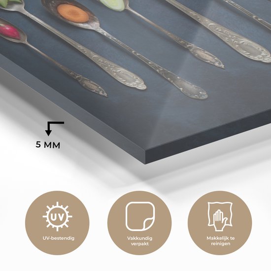 MuchoWow® Peinture sur verre 120x60 cm - Peinture sur verre acrylique - Herbes - Cuillère - Argent - Épices - Industriel - Photo sur verre - Peintures