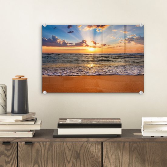 Peinture sur verre - Photo sur verre - Coucher de soleil - Plage - Mer - Nuages ​​- Peinture de plage - Plaque acrylique - Décoration murale - Peinture sur Glas - Verre acrylique - 30x20 cm - Peintures de salon