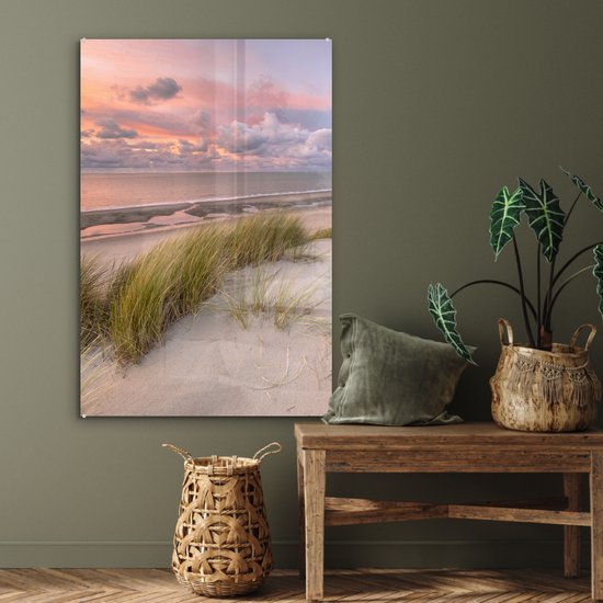 MuchoWow® Peinture sur verre 80x120 cm - Peinture sur verre acrylique - Plage - Mer - Dune - Nederland - Rose - Photo sur verre - Peintures