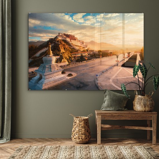 Impressionnant coucher de soleil au Palais du Potala Plexiglas 180x120 cm - Tirage photo sur Glas (décoration murale plexiglas) XXL / Groot format!