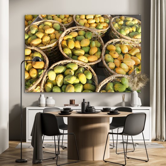 MuchoWow® Peinture sur verre 150x100 cm - Peinture sur verre acrylique - Mango - Jaune - Vert - Panier - Photo sur verre - Peintures