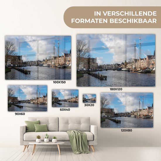 ® Glasschilderij 150x100 cm - Schilderij acrylglas - Brug - Haarlem - Centrum - Foto op glas - Muurdecoratie woonkamer - Wanddecoratie slaapkamer - Schilderijen