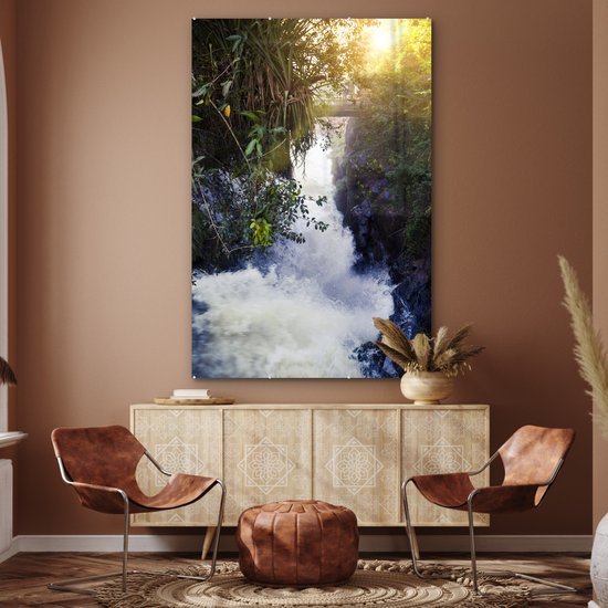 ® Glasschilderij 100x150 cm - Schilderij acrylglas - Prachtige foto van het landschap van het Nationaal park Iguazú met een doorbrekende zon - Foto op glas - Muurdecoratie woonkamer - Wanddecoratie slaapkamer - Schilderijen