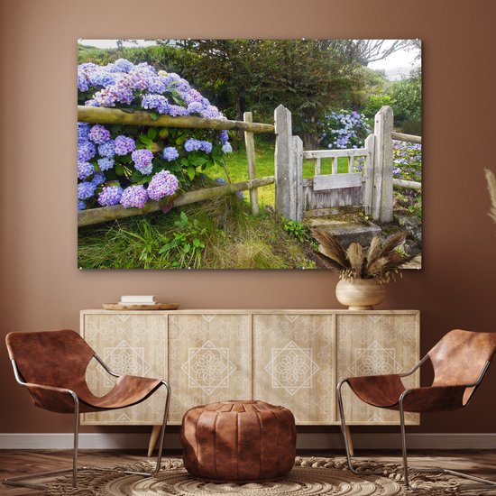 Cottage jardin aux hortensias Plexiglas 180x120 cm - Tirage photo sur Glas (Décoration murale Plexiglas) XXL / Groot format!
