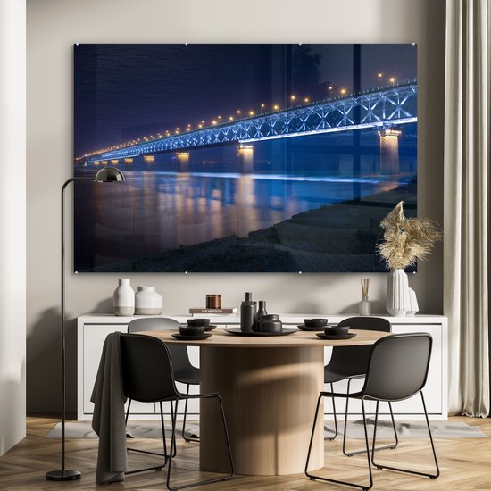MuchoWow® Peinture sur verre 150x100 cm - Peinture sur verre acrylique - Pont Wuhan-Yangtze de couleur Blauw la nuit à Wuhan - Photo sur verre - Peintures