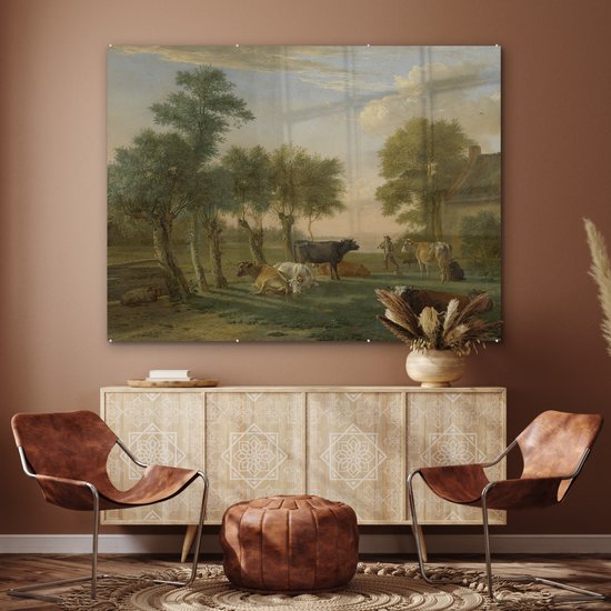 MuchoWow® Peinture sur verre 160x120 cm - Peinture sur verre acrylique - Vaches dans le pré dans une ferme - Peinture de Paulus Potter - Photo sur verre - Peintures