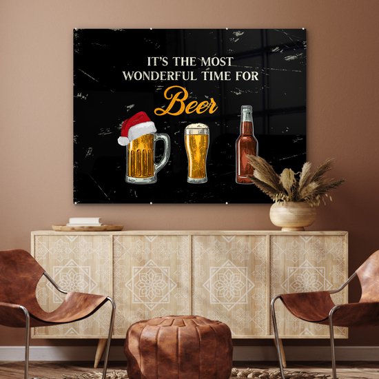 MuchoWow® Peinture sur Verre - Noël - Bières - C'est le moment le plus merveilleux pour la bière - Bonnet de Noel - Proverbes - Citations - 120x90 cm - Peintures sur Verre Acrylique - Photo sur Glas