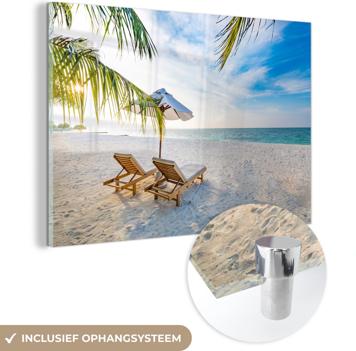 ® Glasschilderij 90x60 cm - Schilderij acrylglas - Strandstoel - Parasol - Zonsondergang - Foto op glas - Muurdecoratie woonkamer - Wanddecoratie slaapkamer - Schilderijen