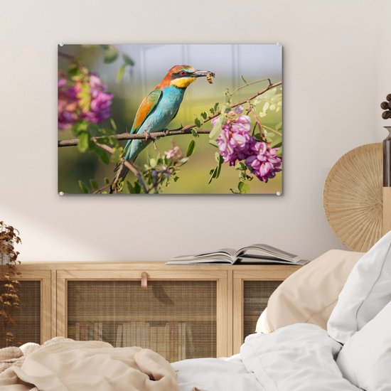 MuchoWow® Peinture sur verre 60x40 cm - Peinture sur verre acrylique - Vogel - Guêpier - Fleurs - Photo sur verre - Peintures