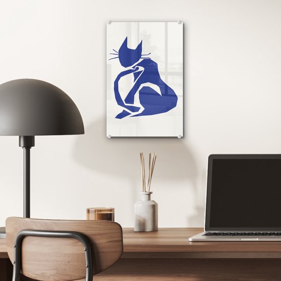 MuchoWow® Peinture sur verre 20x30 cm - Peinture sur verre acrylique - Chat - Animaux domestiques - Blauw - Matisse - Photo sur verre - Peintures