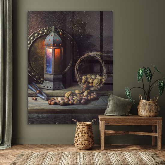 MuchoWow® Peinture sur verre 120x160 cm - Peinture sur verre acrylique - Boek - Nature morte - Noyer - Lanterne - Vintage - Photo sur verre - Peintures
