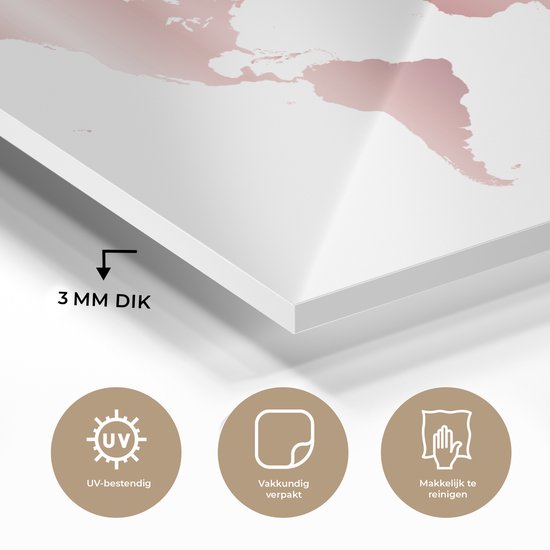 Tableau sur verre MuchoWow® 60x40 cm - Tableau sur verre acrylique - Wereldkaart - Rose - Enfants - Garçons - Filles - Photo sur verre - Décoration murale salon - Décoration murale chambre - Peintures