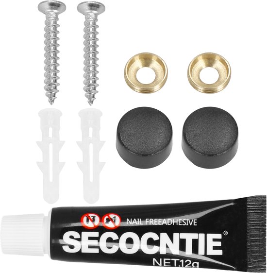 Montagemateriaal: twee schroeven, twee messing ringen, twee zwarte doppen en een tube lijm.