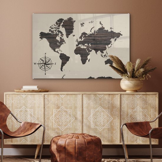 Peinture sur Verre - Carte du Wereldkaart - Bois - Rose des Vents - 120x80 cm - Peintures sur Verre Peintures - Photo sur Glas