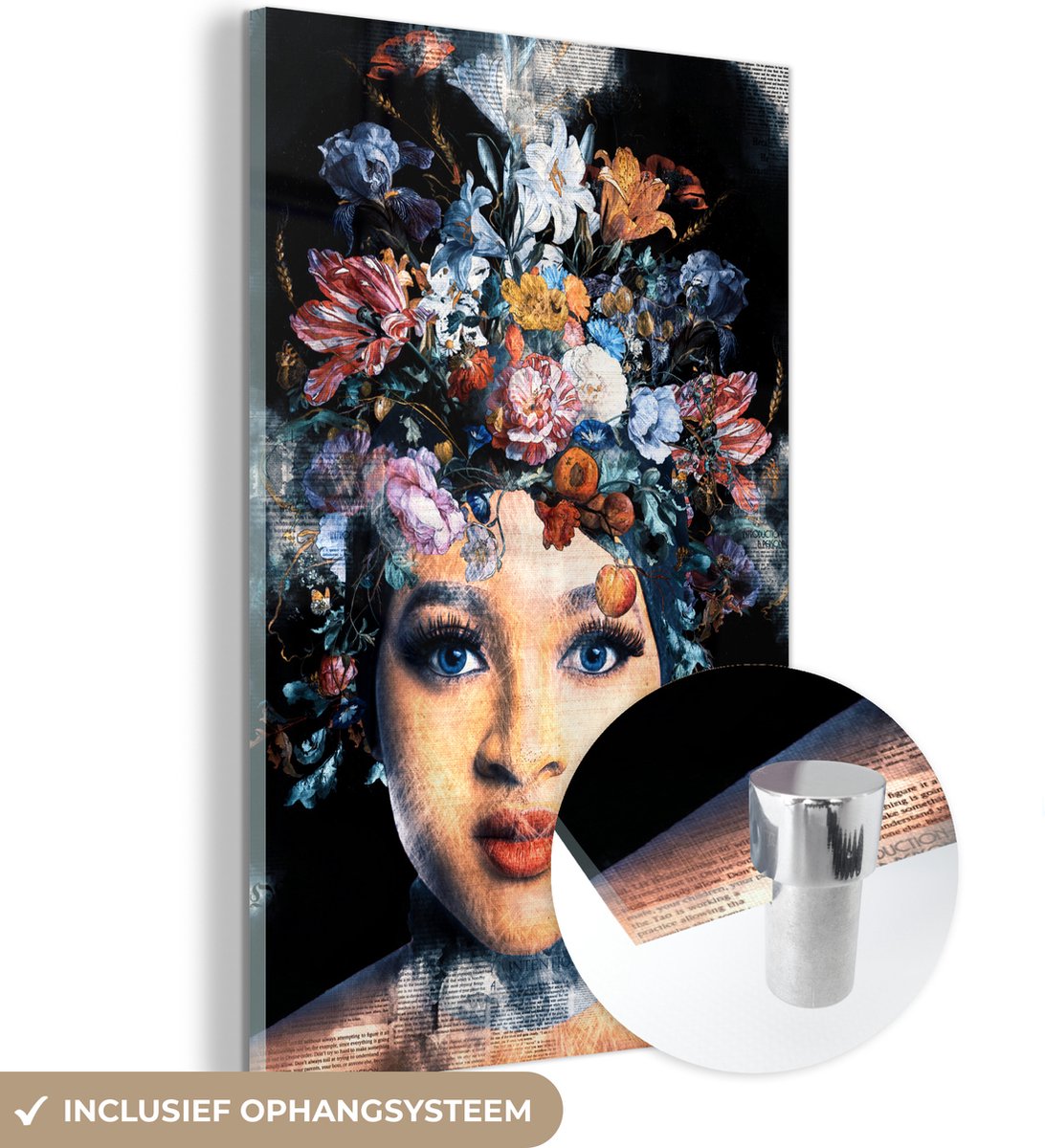 ® Glasschilderij 40x60 cm - Schilderij acrylglas - Vrouw - Bloemen - Verf - Foto op glas - Muurdecoratie woonkamer - Wanddecoratie slaapkamer - Schilderijen