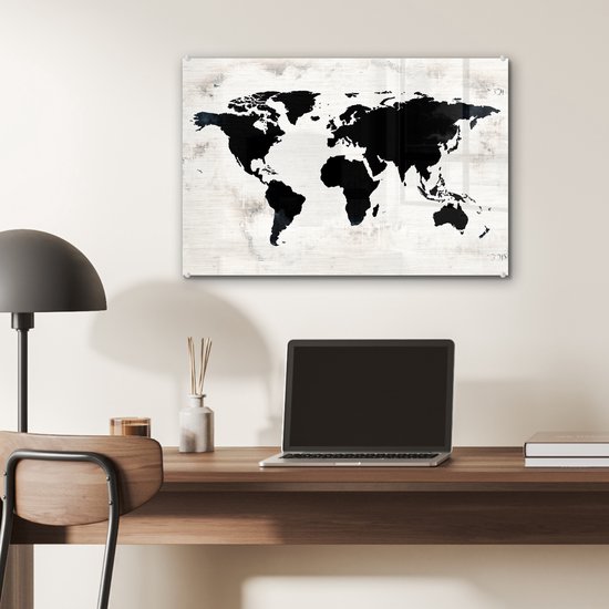 Peinture sur Verre - Carte du Wereldkaart - Zwart - Bois - 60x40 cm - Peintures sur Verre Peintures - Photo sur Glas