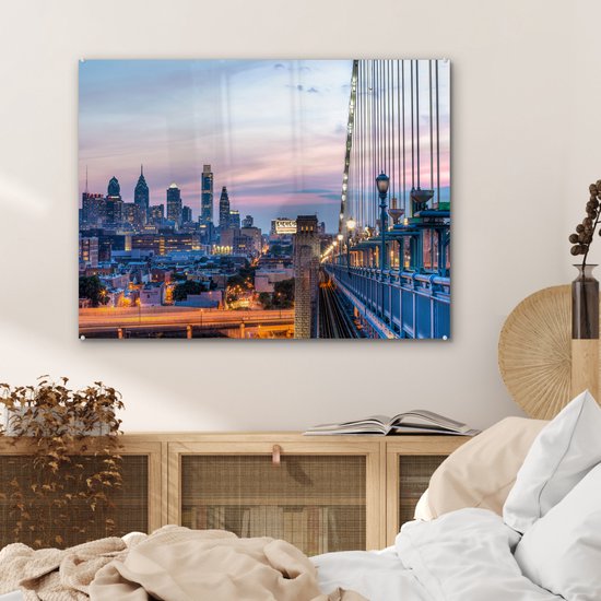 Le coucher de soleil de Philadelphie aux Etats-Unis vu du pont Benjamin Franklin Plexiglas 80x60 cm - Tirage photo sur Glas (décoration murale en plexiglas)