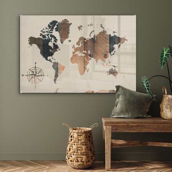 Peinture sur Verre - Carte du Wereldkaart - Planche de Bois - Rose des Vents - 120x80 cm - Peintures sur Verre Peintures - Photo sur Glas
