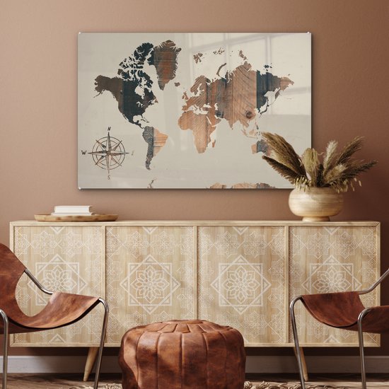 Peinture sur Verre - Carte du Wereldkaart - Planche de Bois - Rose des Vents - 120x80 cm - Peintures sur Verre Peintures - Photo sur Glas
