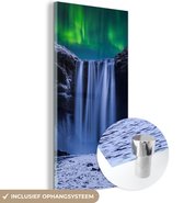 MuchoWow® Glasschilderij 20x40 cm - Schilderij acrylglas - Noorderlicht - Waterval - Sneeuw - IJsland - Foto op glas - Schilderijen