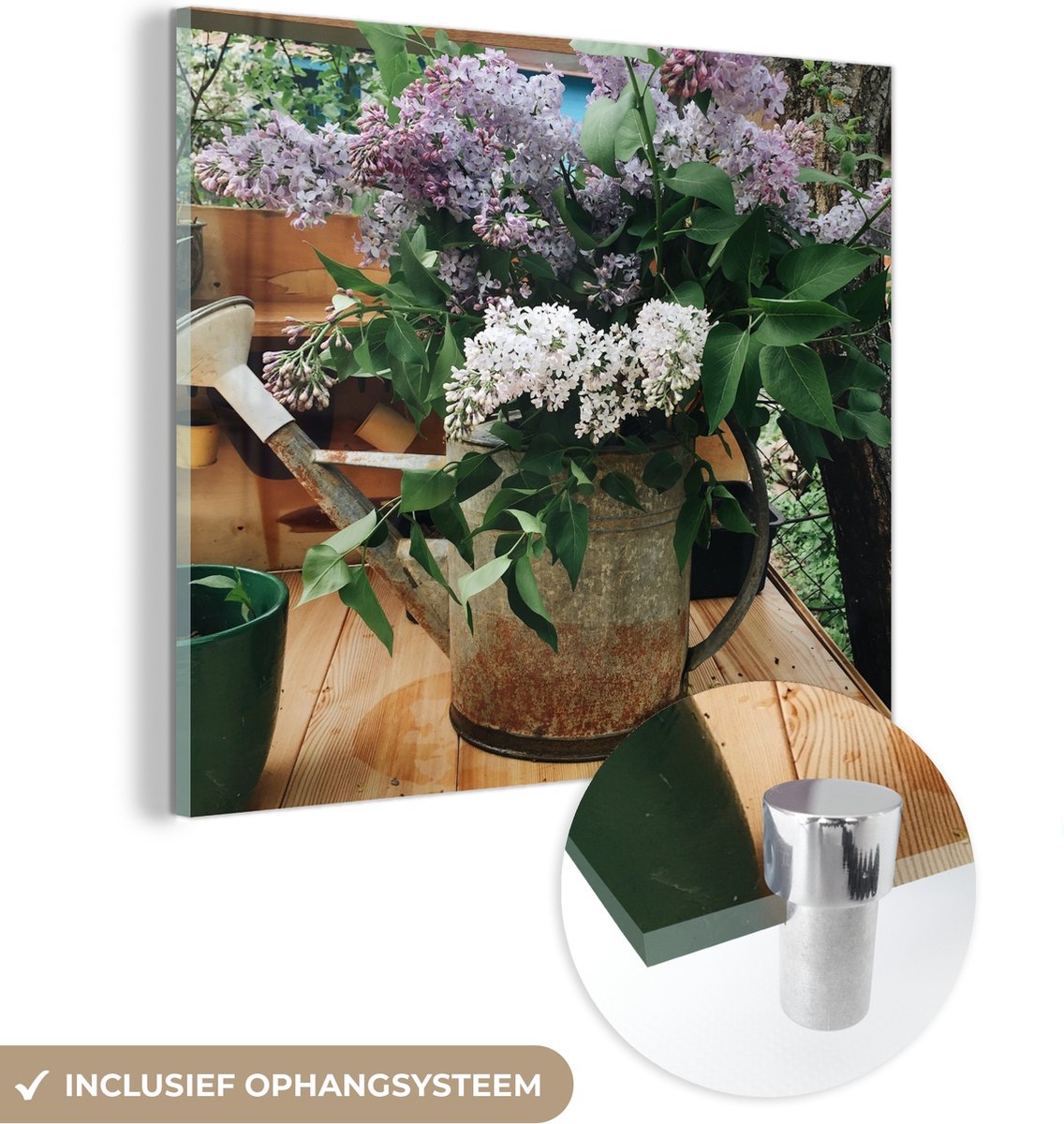 ® Glasschilderij 20x20 cm - Schilderij acrylglas - Gieter - Bloemen - Boeket - Foto op gla