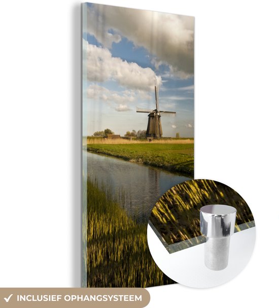 MuchoWow® Glasschilderij 40x80 cm - Schilderij acrylglas - Windmolen aan het water in West-Friesland - Foto op glas - Schilderijen