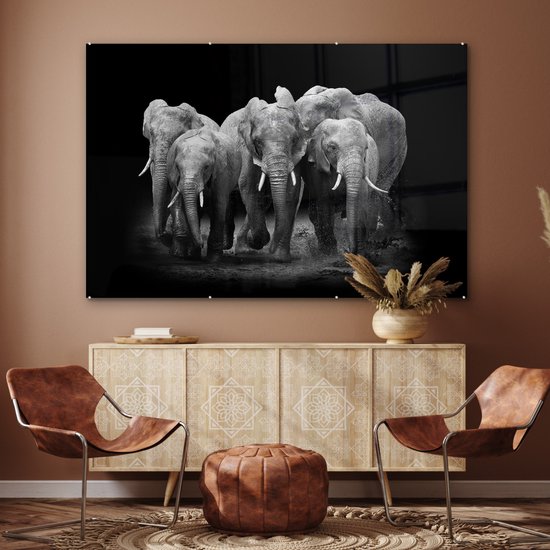 MuchoWow® Glasschilderij 180x120 cm - Schilderij acrylglas - Olifant - Zwart - Wit - Dieren - Foto op glas - Schilderijen