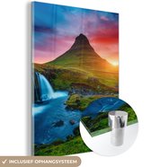 Peinture sur verre - Photo sur verre - Cascade - Islande - Coucher de soleil - Berg - Verre acrylique - Peinture sur verre nature - Peinture sur verre - 60x80 cm - Décoration murale - Décoration murale