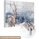 MuchoWow® Glasschilderij 90x60 cm - Schilderij acrylglas - Hert - Sneeuw - Dier - Foto op glas - Schilderijen