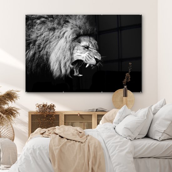 Peinture sur verre - Photo sur verre - Verre acrylique - Animaux - Lion - Zwart - Wit - 180x120 cm - Décoration de chambre - Peinture sur verre animaux - Décoration murale verre - Peinture sur verre lion