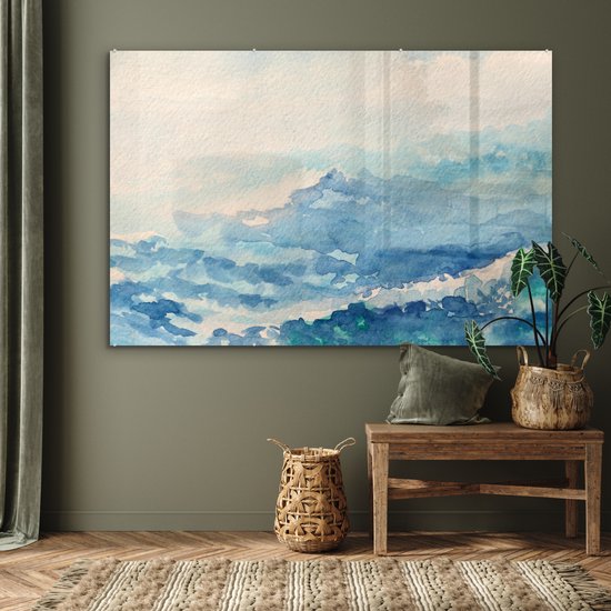 MuchoWow® Peinture sur verre 150x100 cm - Peinture acrylique sur verre - Illustration aquarelle abstraite de vagues - Photo sur verre - Peintures