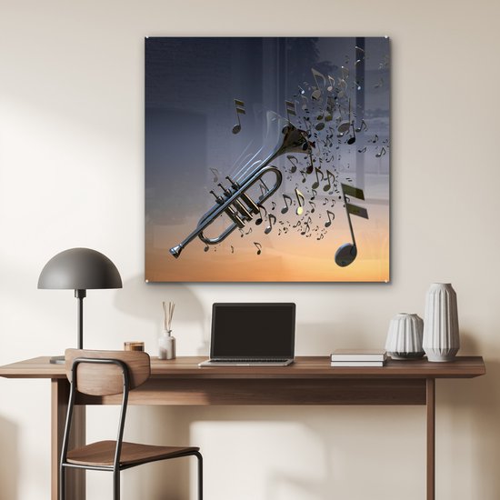 Belle trompette souffle des notes de musique Plexiglas 90x90 cm - Tirage photo sur Glas (décoration murale plexiglas)