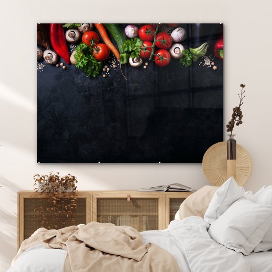MuchoWow® Peinture sur Verre - Légumes - Herbes - Épices - Zwart - Rustique - Cuisine - 120x90 cm - Peintures sur Verre Acrylique - Photo sur Glas