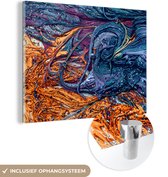 MuchoWow® Glasschilderij 40x30 cm - Schilderij acrylglas - Marmer - Verf - Oranje - Blauw - Foto op glas - Schilderijen