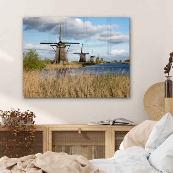 Les moulins à vent hollandais de Kinderdijk pendant une journée ensoleillée Plexiglas 80x60 cm - Tirage photo sur Glas (décoration murale en plexiglas)
