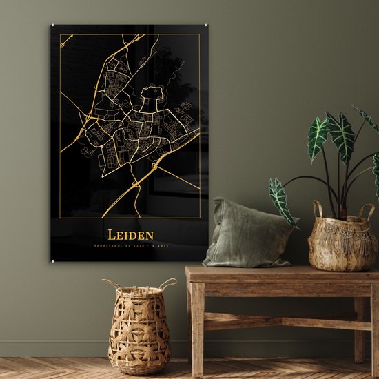 MuchoWow® Peinture sur verre 60x90 cm - Peinture acrylique sur verre - Carte - Leiden - Or - Zwart - Photo sur verre - Peintures