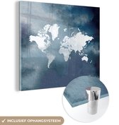 MuchoWow® Glasschilderij 90x90 cm - Schilderij acrylglas - Wereldkaart - Waterverf - Blauw - Foto op glas - Schilderijen