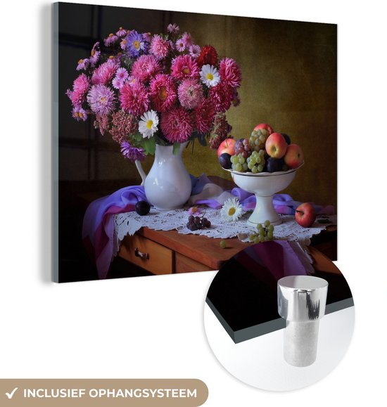 MuchoWow® Glasschilderij 40x30 cm - Schilderij acrylglas - Fruitschaal - Stilleven - Bloemen - Foto op glas - Schilderijen