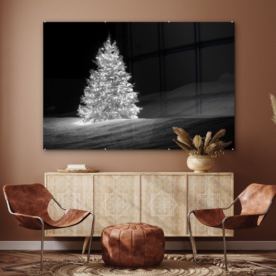Peinture sur verre - Un sapin de Noël illuminé la nuit - noir et blanc - 180x120 cm - Peintures sur Verre Peintures - Photo sur Glas
