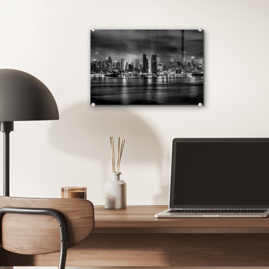 MuchoWow® Peinture sur verre 30x20 cm - Peinture sur verre acrylique - New York - Storm - Zwart - Wit - Photo sur verre - Peintures